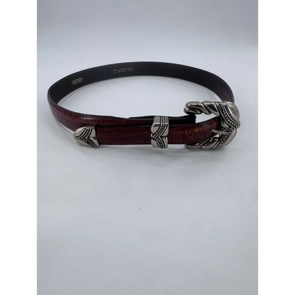 VICENZA Sport Sterling Silver Buckle On Brown Alligator Print Calfskin Belt 34